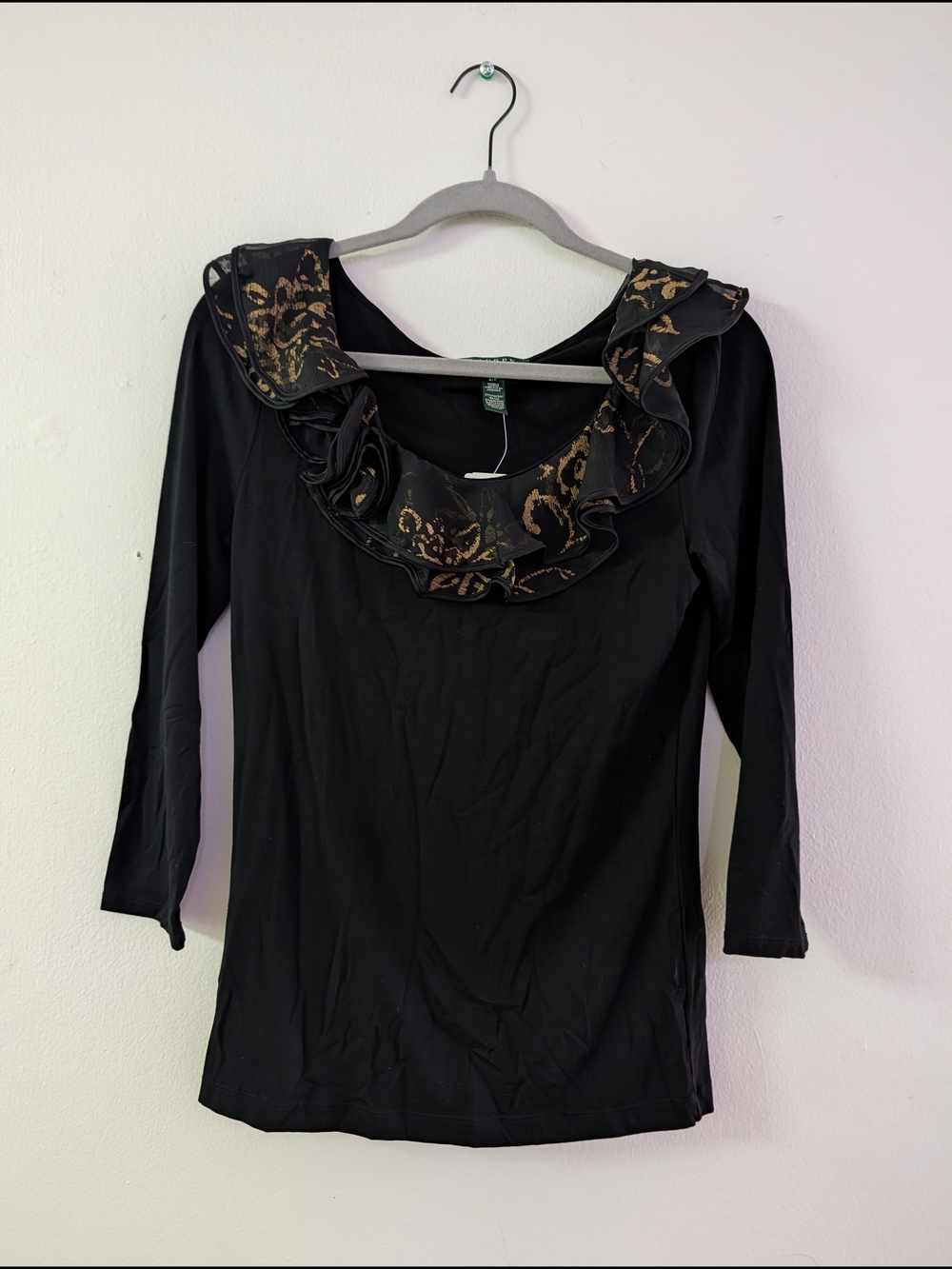 Lauren Ralph Lauren Long Sleeve Black Top With Ruffles New NWT Small